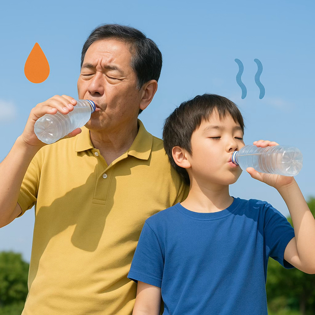 水を飲む親子